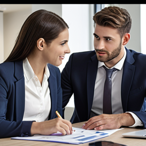 Home 4 **
A friendly financial advisor, like a real estate agent showing apartments, meeting with a young professional in a modern office. The advisor is explaining investment options and helping the client understand their financial goals and risk tolerance. The scene emphasizes personalized guidance and a coaching relationship.
**