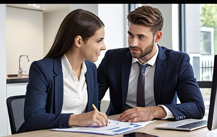 **
A friendly financial advisor, like a real estate agent showing apartments, meeting with a young professional in a modern office. The advisor is explaining investment options and helping the client understand their financial goals and risk tolerance. The scene emphasizes personalized guidance and a coaching relationship.
**