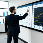 A professional financial advisor, fully clothed in a modest business suit, stands calmly, pointing towards a clear, simplified projection of financial data on a large transparent screen. The background is a sophisticated, modern office with abstract elements representing the financial markets, now appearing organized and clear. The advisor's posture is natural and confident, conveying expertise and guidance. A client, dressed in appropriate professional attire, looks on, understanding and reassured. The overall image is high-quality, professional photography, safe for work, appropriate content, perfect anatomy, correct proportions, well-formed hands, proper finger count, and natural body proportions.