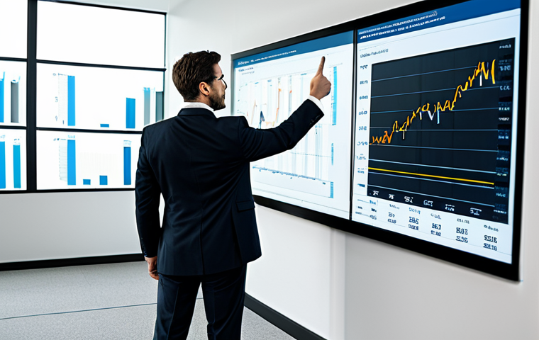 A professional financial advisor, fully clothed in a modest business suit, stands calmly, pointing towards a clear, simplified projection of financial data on a large transparent screen. The background is a sophisticated, modern office with abstract elements representing the financial markets, now appearing organized and clear. The advisor's posture is natural and confident, conveying expertise and guidance. A client, dressed in appropriate professional attire, looks on, understanding and reassured. The overall image is high-quality, professional photography, safe for work, appropriate content, perfect anatomy, correct proportions, well-formed hands, proper finger count, and natural body proportions.
