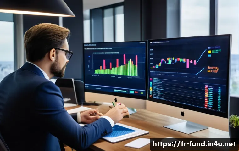 펀드투자상담사로서 직무에서 배우는 기술 - A sophisticated financial advisor in a modern Parisian office, analyzing real-time stock market data...