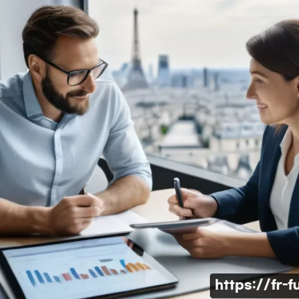 펀드투자상담사로서 고객 관계 관리 사례 - A professional financial advisor sitting at a modern office desk with a French client, both engaged ...