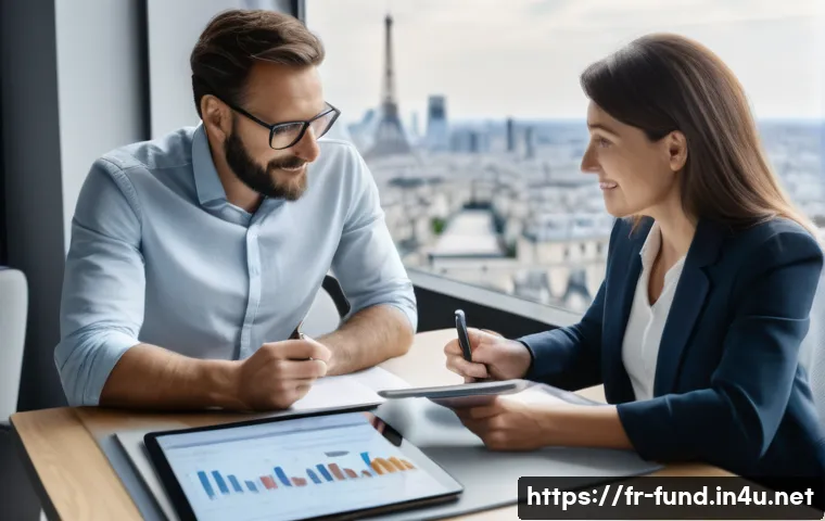 펀드투자상담사로서 고객 관계 관리 사례 - A professional financial advisor sitting at a modern office desk with a French client, both engaged ...