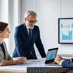 Home 19 펀드투자상담사 고객 상담에서 자주 묻는 질문 - A professional financial advisor in a modern Parisian office, attentively listening and engaging in ...