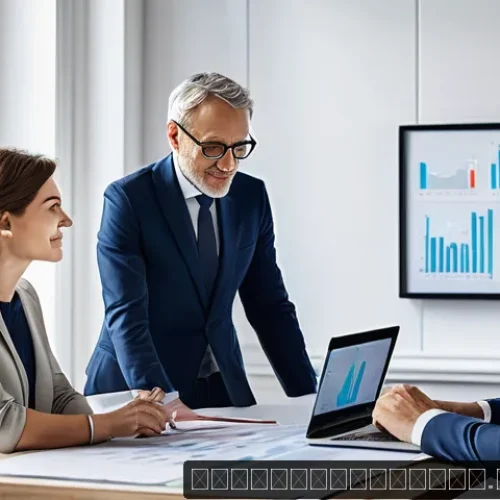 Home 31 펀드투자상담사 고객 상담에서 자주 묻는 질문 - A professional financial advisor in a modern Parisian office, attentively listening and engaging in ...