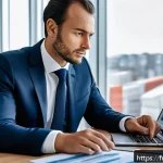 Home 18 펀드투자상담사 자격증 응시자격 검토 - A professional French financial investment advisor in a modern office setting, dressed in smart busi...