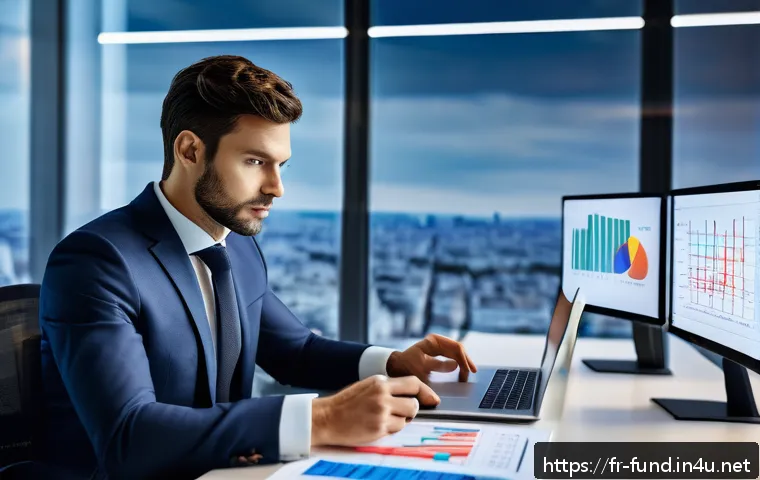 펀드투자상담사로서 업무 효율성 향상 전략 - A professional French financial advisor in a modern office setting, wearing a smart business suit, s...