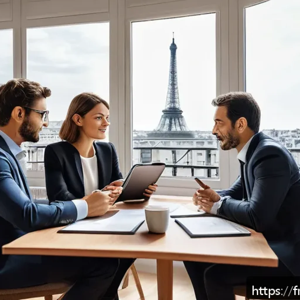펀드투자상담사로서 고객 상담 개선 전략 - A professional financial advisor meeting with a diverse French client couple in a modern Parisian of...