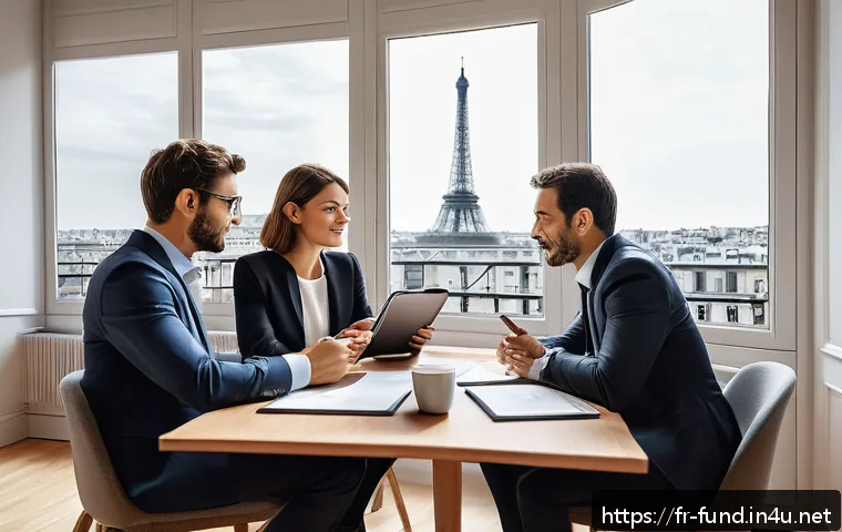 펀드투자상담사로서 고객 상담 개선 전략 - A professional financial advisor meeting with a diverse French client couple in a modern Parisian of...