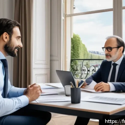 펀드투자상담사로서 고객 만족도 향상 방법 - A professional financial advisor in a modern Parisian office, engaging in a warm and authentic conve...