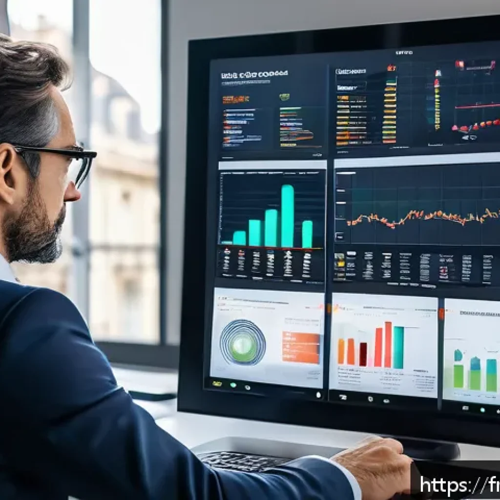 펀드투자상담사로서의 비전 및 사명 - A sophisticated European financial advisor in a modern office setting, analyzing real-time market da...