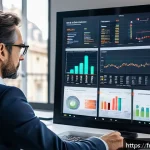 펀드투자상담사로서의 비전 및 사명 - A sophisticated European financial advisor in a modern office setting, analyzing real-time market da...