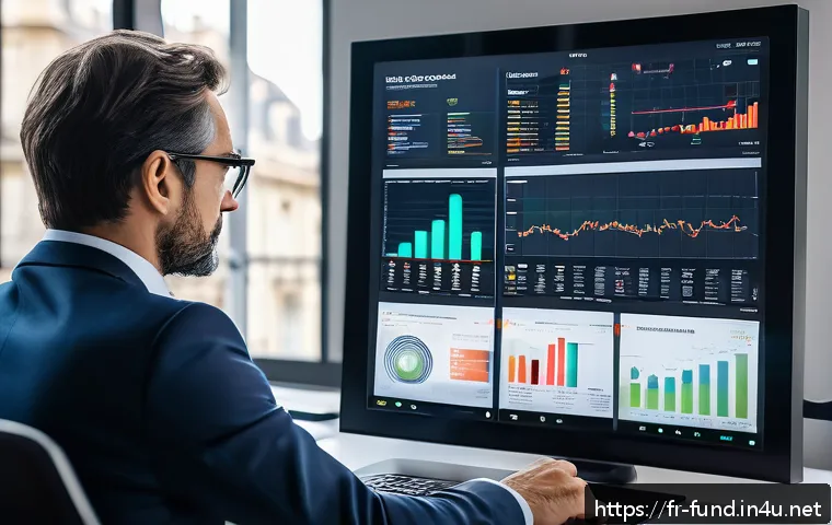 펀드투자상담사로서의 비전 및 사명 - A sophisticated European financial advisor in a modern office setting, analyzing real-time market da...