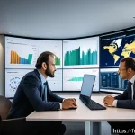 펀드투자상담사와 투자 상품의 이점 - A sophisticated financial advisor&rsquo;s modern office with a large digital screen displaying global mark...