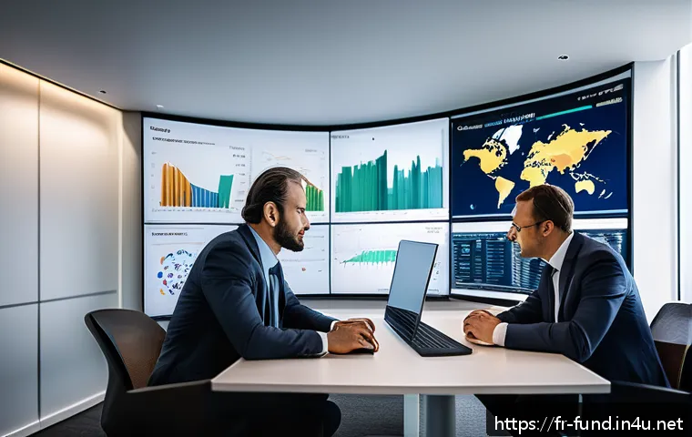펀드투자상담사와 투자 상품의 이점 - A sophisticated financial advisor&rsquo;s modern office with a large digital screen displaying global mark...