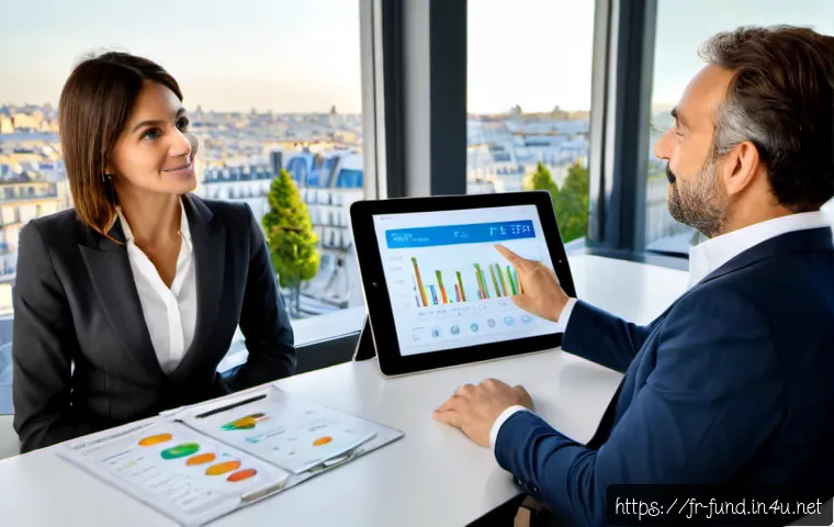 펀드투자상담사와 금융 데이터 분석 기법 - Photorealistic financial consultation in a bright Paris office, a trusted investment advisor in smar...
