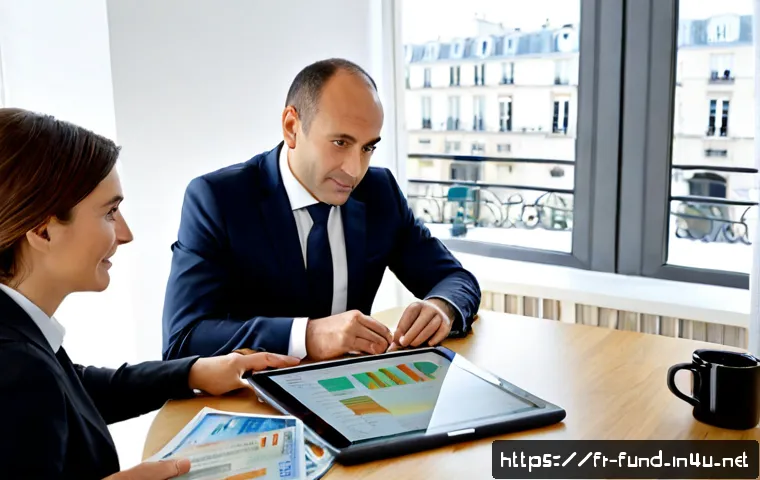 펀드투자상담사와 금융 시장 통찰력 - Photorealistic financial consultation in a bright Paris office, a trusted French fund investment adv...